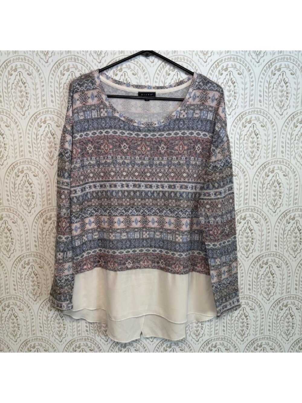 Kiara Womens XL Southwestern Fair Isle Mixed‎ Media Layered Hem Top Sahara